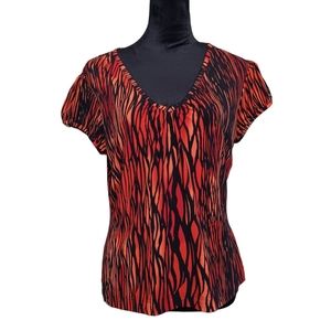 Worthington Stretch Orange Black V-Neck Ruching Short Cap Sleeve Women's Sz XLP